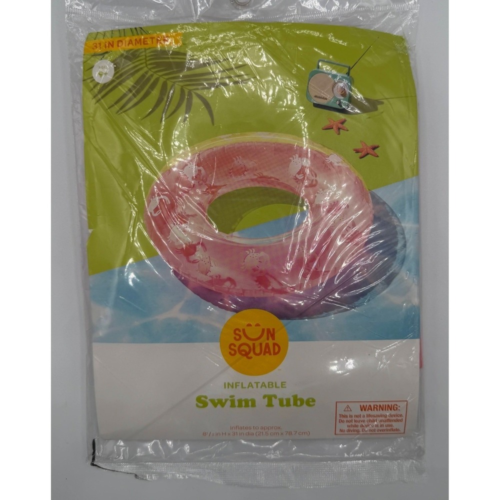 Sun Squad Inflatable Swim Tube Pink Crab Pattern‎ 31 Inch Pool Float New